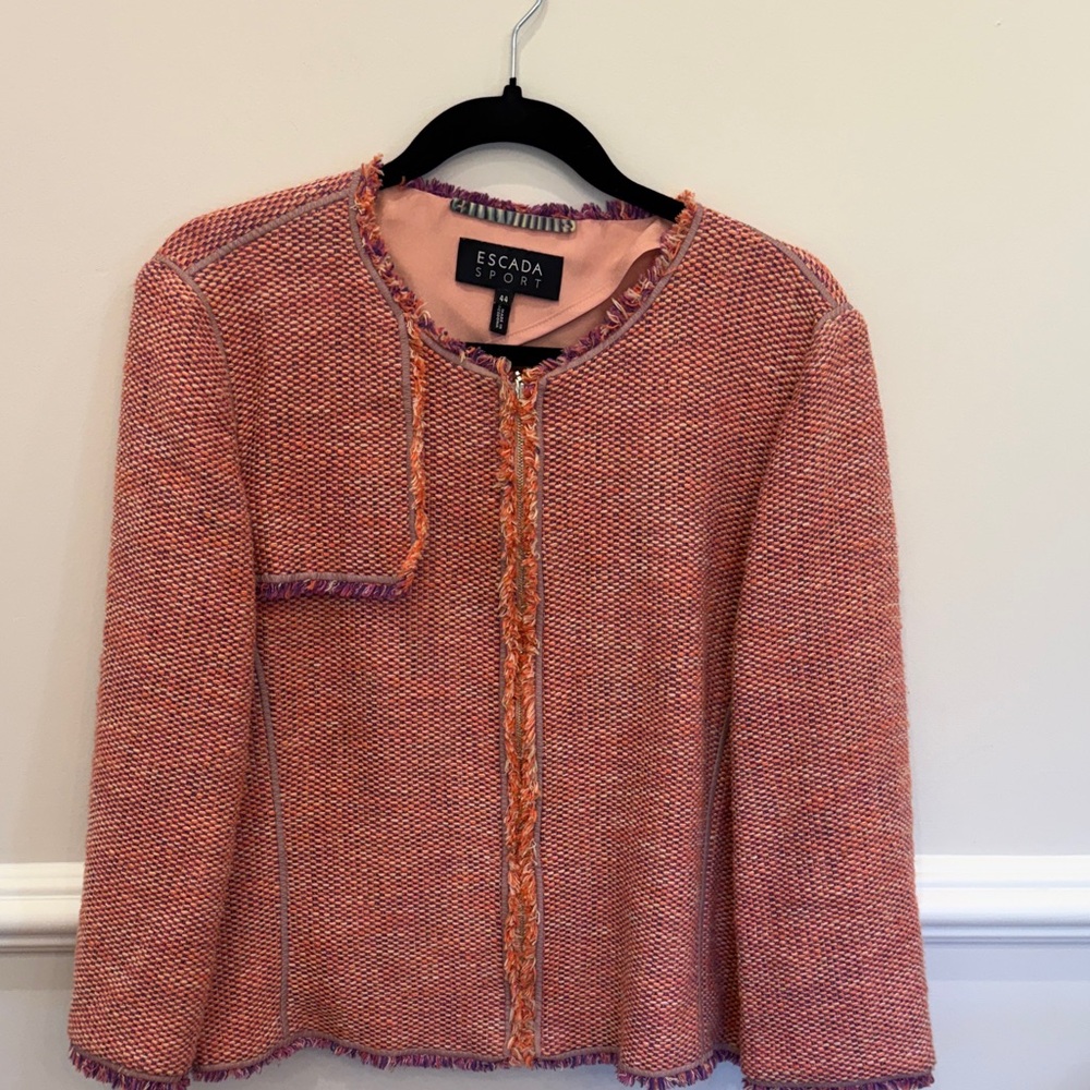 Escada Pink Orange Tweed Collarless Blazer